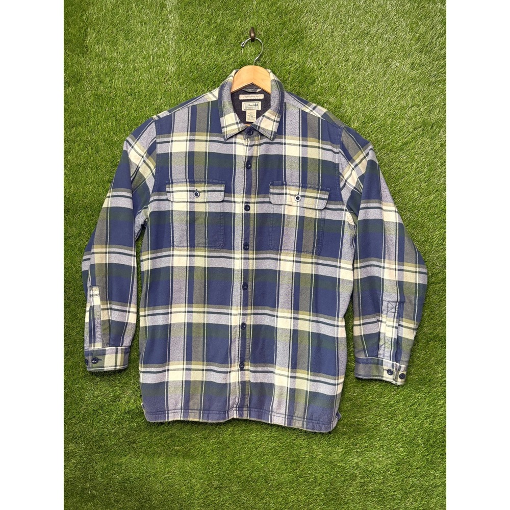 LL Bean Mens Fleece Lined Flannel Shirt Large Blue Green Plaid Traditional Fit